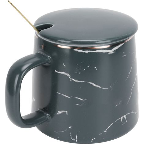 Marmorierter Keramikbecher mit Löffel und Deckel, ideal für Zuhause, Reisen, Büro und Outdoor (Grün) (1/5)