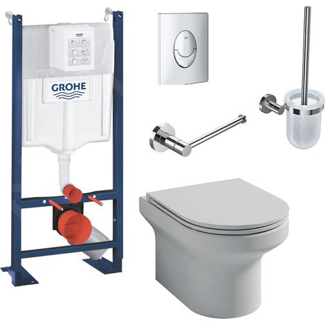 Pack WC suspendu Jacob Delafon sans bride Elite abattant + Bâti support Grohe RapidSL + plaque chromé + Porte-balai + Porte-rouleau (1/3)