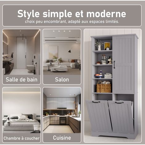 Armario de baño 78x35x172,7 cm de Melaminado gris, doble cesto de ropa y almacenaje para baño FloraGrace (1/5)