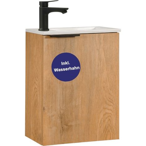 Kometmöbel Gäste-WC Waschtisch Set 40 cm Vormontiert Klein Waschbecken mit Unterschrank (Eiche mit Griff 40cm, Mit Wasserhahn Schwarz) (1/5)