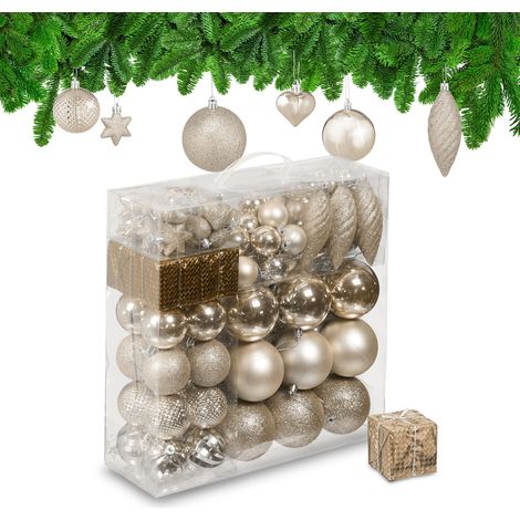 Relaxdays Set da 110 Palline di Natale, Addobbi Natalizi, Palle Opache, Lucide, Glitterate, in Plastica, Deco, Champagne (1/5)
