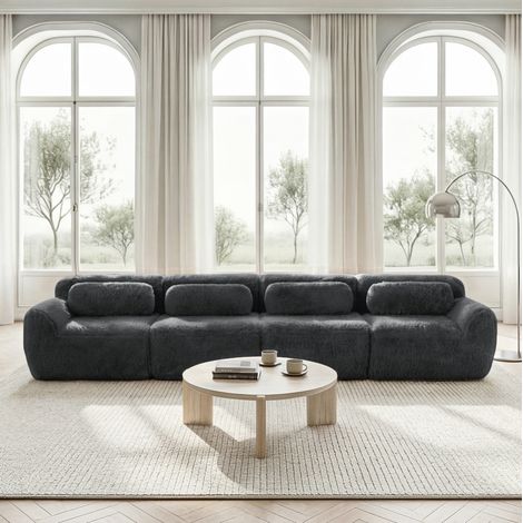 Canapé 4 places en tissu peluche premium, base antidérapante, avec coussins, gris HAVRYA (1/5)