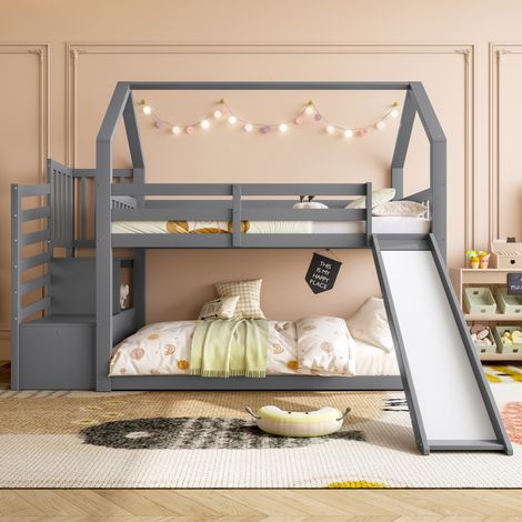 MODFU-Litera infantil de madera 90x200cm, forma de casa, con tobogán y escalera de almacenaje, sin colchón, anticaída, color gris (1/4)