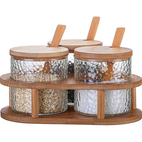 Pot À Épices En Verre - Couvercle Et Cuillère En Bambou - Plateau De Service - Pour Cuisine Domestique - Lot De 3 Pièces (1/5)
