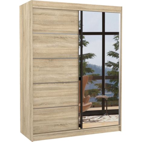 Les Tendances – Armoire de chambre 2 portes coulissantes – Bois clair mat et miroir – Largeur 150 cm – Aménagement penderie et étagères réglables (1/5)
