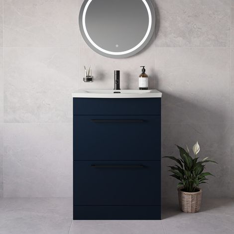 Napoli 390 Deep Blue 600mm 2 Drawer Vanity Unit with Arc Basin - 600mm - Matt Black 320mm Handle
