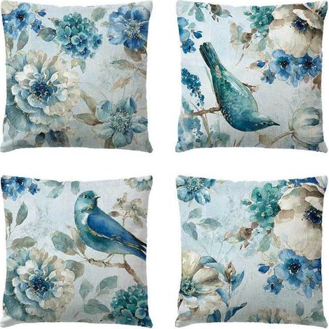 Bleu Fleur Oiseau Coton Housses De Coussin Ensemble De 4 Taie D'oreiller Coussin Couvre Canapé Canapé Décor Oreiller Couvre 45 X 45 Cm