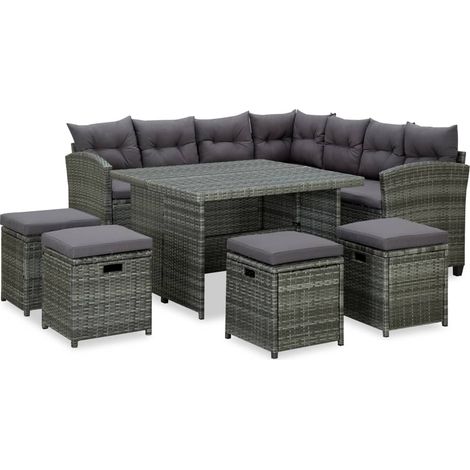 Salon de jardin 6 pcs Ensemble Table et Chaise de Jardin - avec coussins Résine tressée Gris BV386032 - BonneVie (1/5)