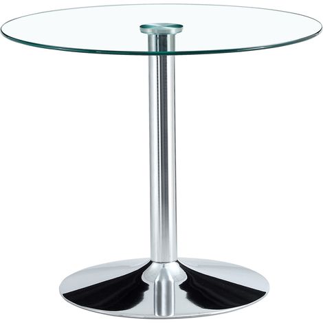 Mesa redonda de vidrio transparente Ø85 cm con base metálica plateada 76 cm HOMVRA (1/5)