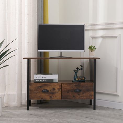 Retro Industrial Style Living Room Corner TV Unit with 2 Drawers,Burning Wood Colour,85x39x58cm(WxDxH) (1/5)