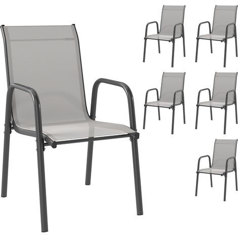 Set aus 6 stapelbaren Gartenstühlen mit Armlehnen, Netzgewebe an Sitz und Rückenlehne, grauem Metallgestell