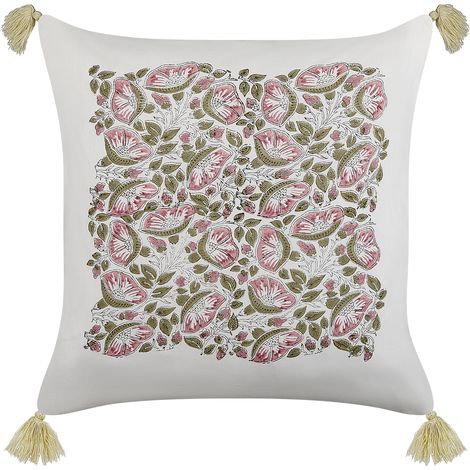 Cojín de algodón blanco rosa verde 45 x 45 cm a mano floral borlas relleno Carissa