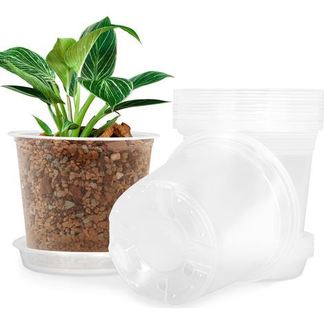 Cinq pots de pépinière transparents de 12,5 cm avec soucoupes et trous de drainage emballage polyvalent pour l'intérieur et l'extérieur. (1/5)