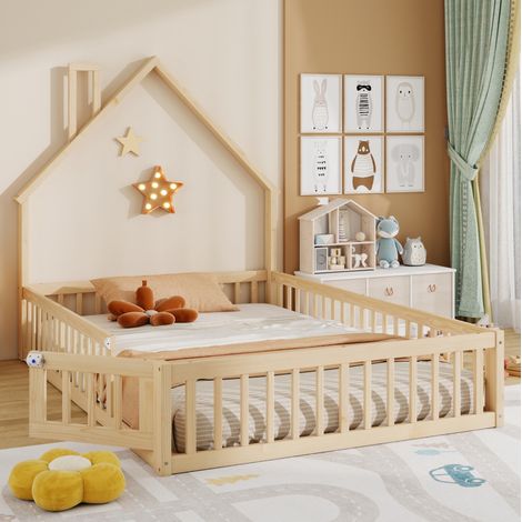 Hausbett 140x190 cm Holz/MDF Natur mit Rausfallschutz, ohne Matratze – MEUBLIV (1/5)