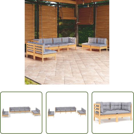 Terrassensofa - 8-tlg. Garten-Lounge-Set mit Grauen Kissen Kiefer Massivholz (1/5)