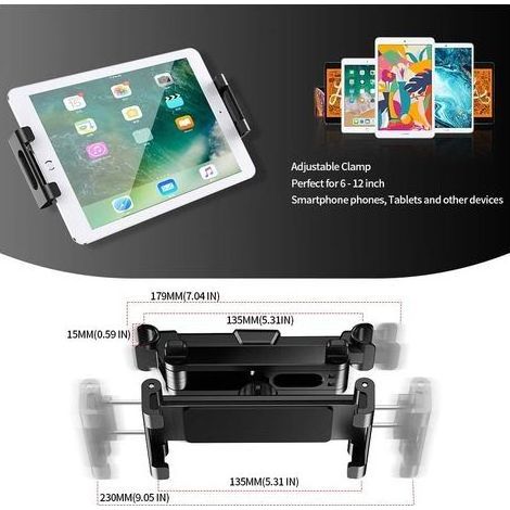 Support Tablette Voiture, Porte Tablette pour Voiture Appui-tête Universel Auto Rotation 360° Taille Réglable 6-12 Pouces pour iPad 2/3/4 / Mini/Air, Samsung Galaxy Tab et Téléphone