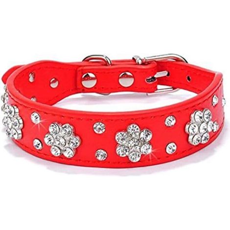 Collier Pour Chien - Cuir Souple - Strass Cristal Fixés Par Rivets En Alliage - Réglable 5 Positions - 37 X 2.5 Cm - Rouge (1/5)