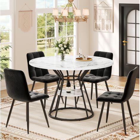 Tavolo da pranzo rotondo 100x100x76 cm, set 5 pezzi con 4 sedie, piano effetto marmo, nero (1/5)