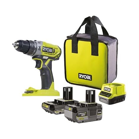 RYOBI Taladro Percutor 18V ONE+ con Baterías 2.0Ah y 4.0Ah, Cargador y Bolsa - Potente, Compacto y Garantía Extendida