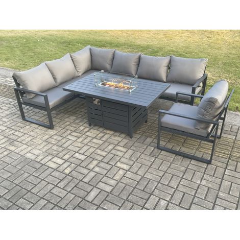 Fimous Aluminium Outdoor Garden Furniture Corner Sofa Gas Fire Pit Dining Table Sets Gas Heater Burner with Chair Dark Grey 7 Seater (1/5)