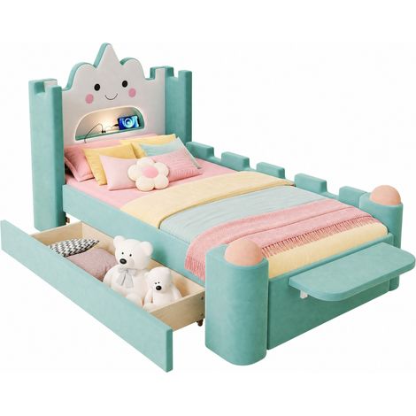CHICFURN Cama infantil tapizada de nube con luz de lectura LED y puerto USB, cajón reversible, balda abatible, barrera de seguridad, terciopelo azul verdoso, 90x200 cm (1/5)