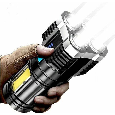 Lampe de poche 4/5 cœurs super lumineuse rechargeable d'extérieur multifonction P1000 super lumineuse LED rechargeable 100 000 lumens XHP70.2 lampe de poche tactique étanche IPX5 (4 noyaux) [Classe én (1/4)