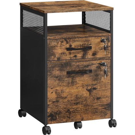 Vasagle – Caisson de bureau 2 tiroirs verrouillables – Compartiment ouvert – Cadre en acier – Style industriel marron – 42 x 44 x 69 cm