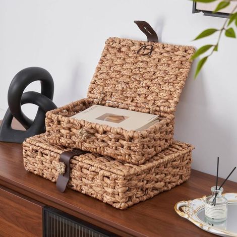 Boîte de rangement décorative en rotin avec couvercle, panier de rangement tressé en jacinthe d'eau, marron 28,5 x 20 x 9,5 cm (1/2)