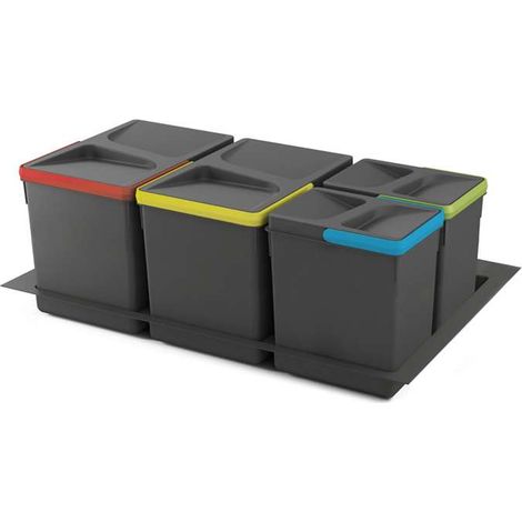 Emuca Contenitori per raccolta differenziata, 12 L+12 L+7 L+7 L, modulo 800 mm, Plastica, Grigio antracite. + Base