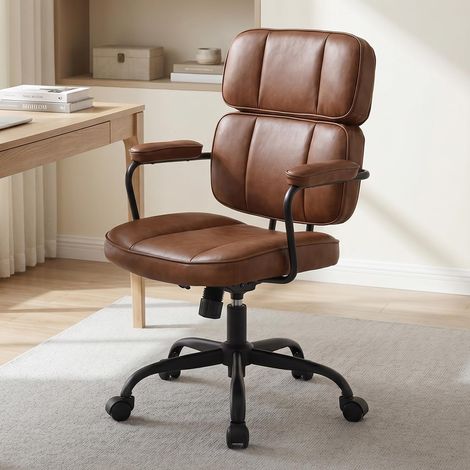 Wahson Retro Brown PU Leather Office Chair – High-Back Swivel Desk Chair with Ergonomic Support, Adjustable Height, 360° Casters for Home Office Study, Brown