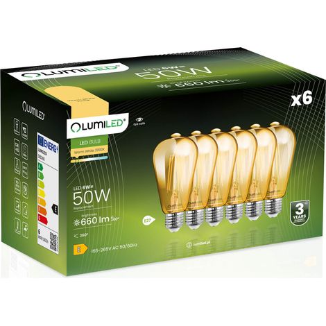 6x LED-Lampe E27 Edison ST64 6W = 50W 660lm 2000K Warmweiß 360° Bernsteinfarbenes Leuchtmittel