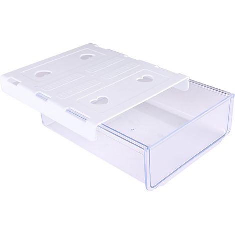 Boîte de rangement autocollante gain de place sous tiroir de bureau, transparente et blanche, pour fournitures de bureau et documents. (1/5)