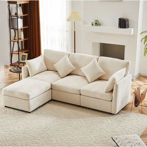 CHICFURN Sofá de esquina modular 216x161x81 cm de chenilla beige con puf móvil (1/5)