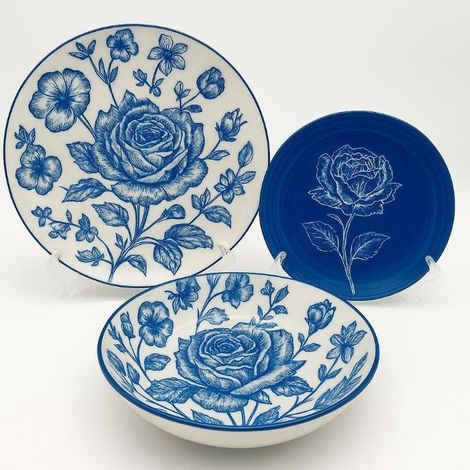 Servizio di Piatti da Tavola in Porcellana Rose Blu 18 Pezzi (1/3)