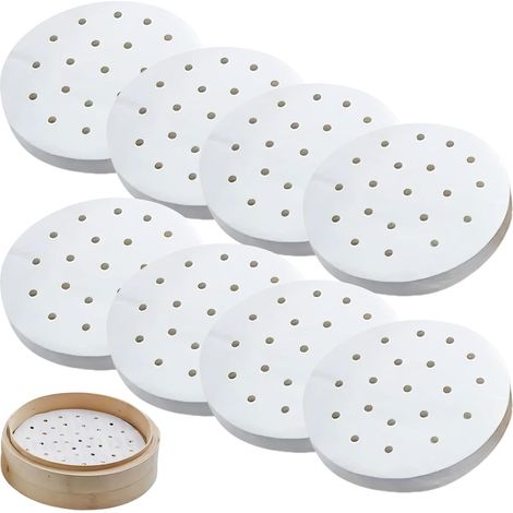 200 Stück 18 cm perforiertes Bambuspapier zum Dämpfen und Frittieren, 7 Zoll Antihaft-Backpapier für Dim Sum, Heißluftfritteuse (200 Stück 18 cm) (1/5)