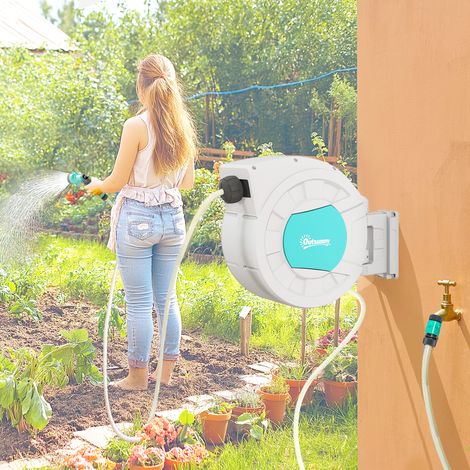Gartenschlauchaufroller, 35+2 m Wasserschlauchaufroller, Wandmontage + 180° drehbarer Griff, 55 x 20 x 42 cm, hellgrau