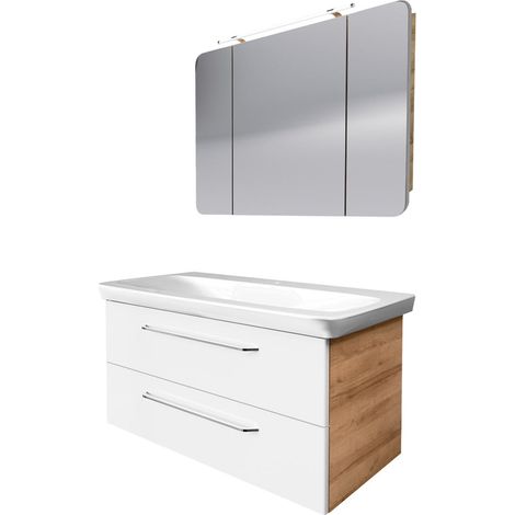 Fackelmann MILANO Badmöbel Set 3-teilig, 100 cm, Braun hell/Weiß, Keramik, LED-Spiegelschrank"-"90306145 (1/2)