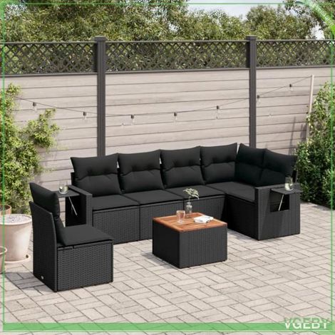 Salon de jardin 7 pcs - Modulaire résine tressée - Noir - Table acacia - Rangement sous assise (1/3)