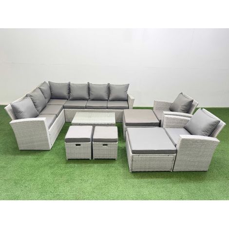 Fimous 12 Seater Garden Outdoor PE Rattan Furniture Set Rattan Garden Sofa Set with 4 Footstools 2 Chair Light Grey Mixed (1/5)