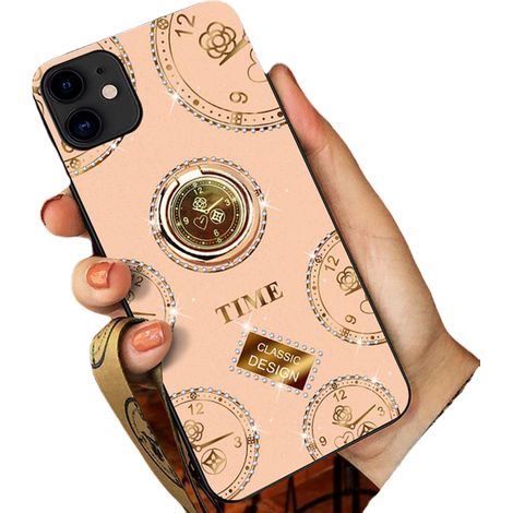 Schutzhülle für Apple iPhone 11, beige, silberne Strasssteine, goldener Glamour-Halter (1/3)