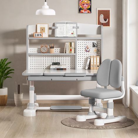 FLASIDU Ergonomisches Kinderschreibtisch- und Stuhlset – höhenverstellbar, mit Stauraum und Tablettneigung, Lerntisch für Kinder von 3–12 Jahren, doppelte Rückenlehne