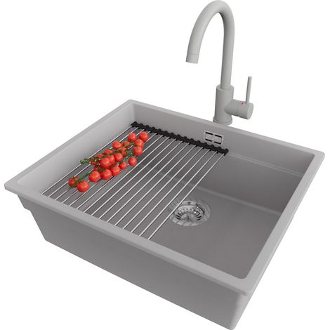 PRIMAGRAN Evier Sous Plan 56x47cm,Evier en Granit 1 bac + Robinet 32x20cm + Kit de Vidage + Égouttoir Enroulable, Évier au meuble 60cm - Prague, Gris (1/5)