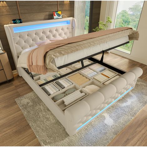 Letto 160x200 beige in velluto con LED e contenitore salvaspazio, senza materasso – MEUBLIV (1/5)