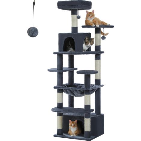 Grand arbre et tour pour chats d'intérieur, avec postes à gratter recouvertes de Sisal, hamac spacieux, perchoirs rembourrés et condos, jouets pour chats-136cm-Gris foncé (1/5)