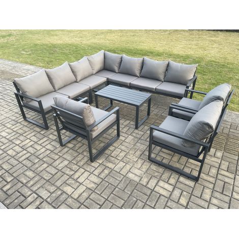 Fimous Aluminium Patio Outdoor Garden Furniture Lounge Corner Sofa Set with Oblong Coffee Table 3 Chairs Dark Grey (1/5)