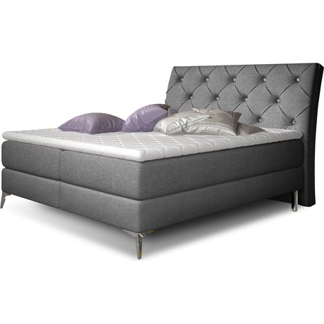 Lit design continental avec tête de lit capitonnée strass tissu gris Banky-160x200 (1/5)