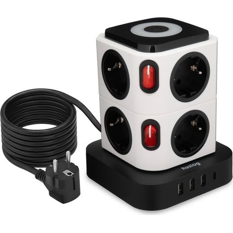 Tour multiprise 12-en-1, 8 Prises Schuko, 3 USB-A et Un USB-C, parafoudre et Protection Surcharge, interrupteurs par étage, veilleuse LED, câble 1,8 m, 3680 W, Blanc-Noir (1/5)