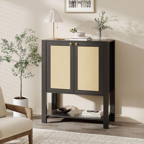 Banc à chaussures en rotin style ferme – 5 niveaux – Étagères réglables, tablette ouverte – Rangement pour entrée, couloir, salon ou chambre – Chêne gris (1/5)
