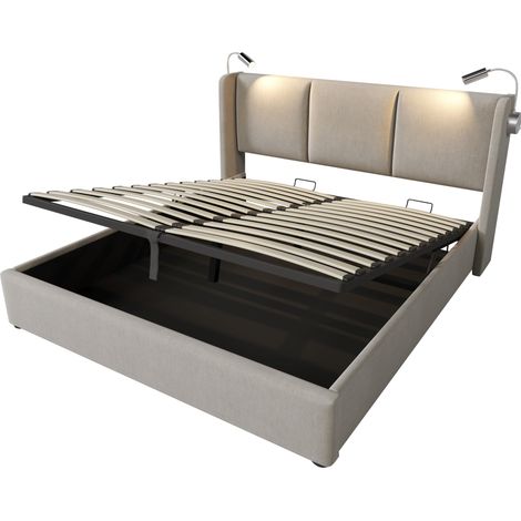 Cama doble tapizada 160x200 con canapé, luces de lectura y carga USB, marco de lino HOMVRA (1/5)