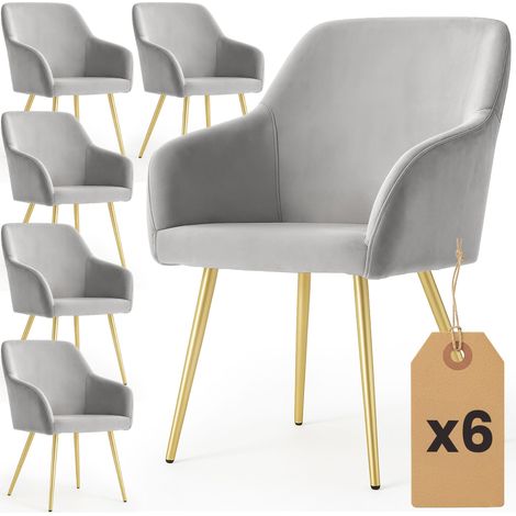 Lot de 6 Chaises en velours lisses ESTELLE Gris pieds dorés (1/5)